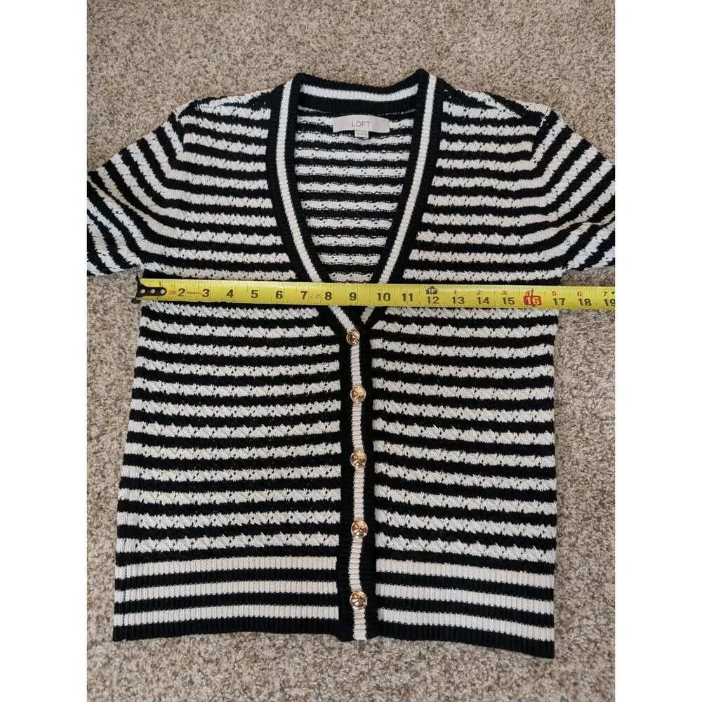 LOFT Pointelle Striped Cardigan Size XS Black White Stripe Gold Buttons Crochet